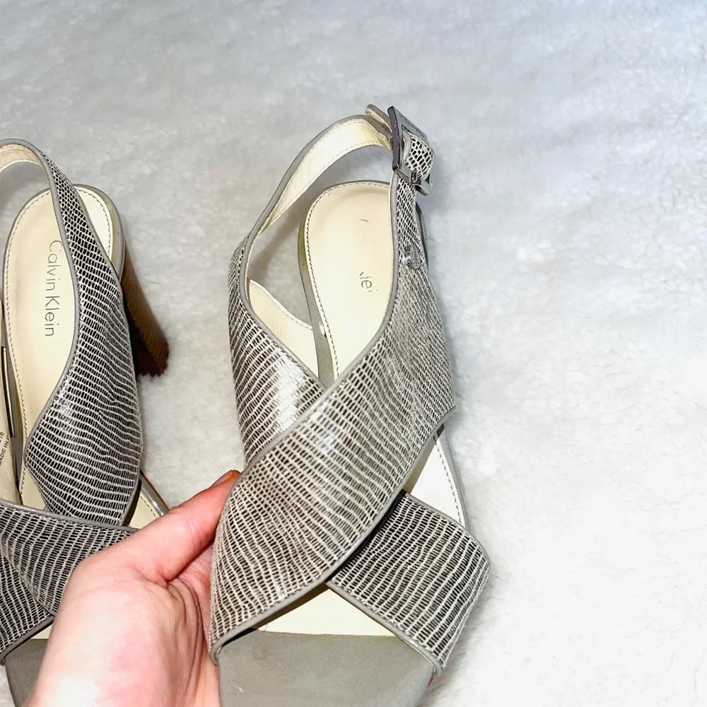 Calvin Klein Jill Silver Metallic Snakeskin Slingback Block Heels 6 Women’s - Picture 3 of 13